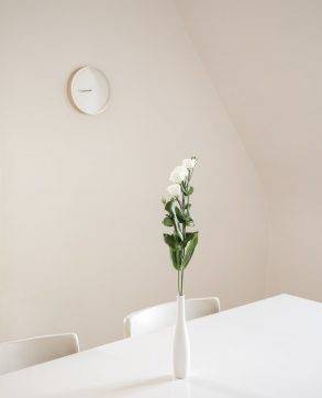 white flowers in white ceramic vase on top of white table